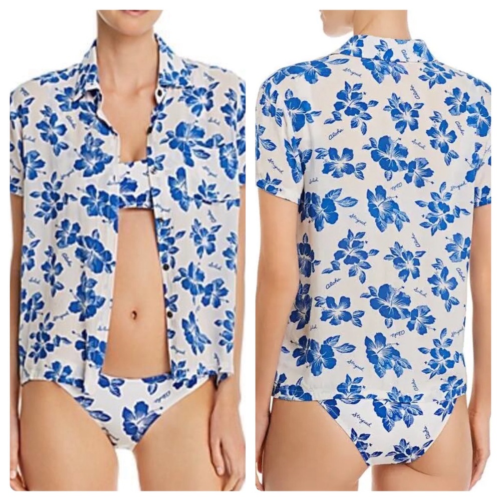Solid & Striped Cabana Shirt Medium Aloha Print White Blue Hibiscus Floral